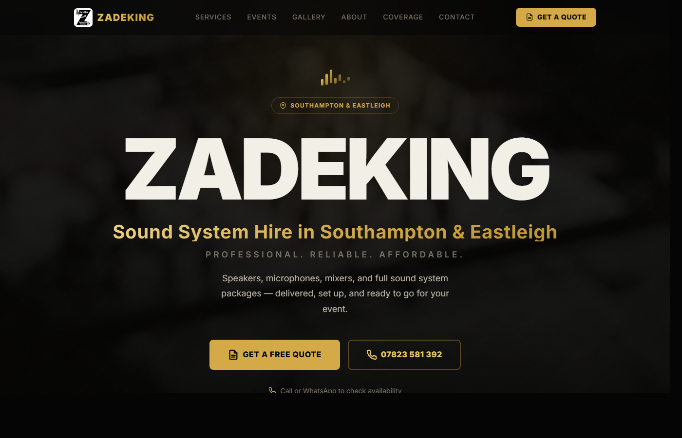 Zadeking website — sound system hire in Southampton